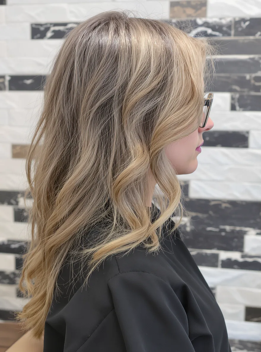 Medium Volume Ash Blonde Wavy Long Layers with Caramel Highlights
